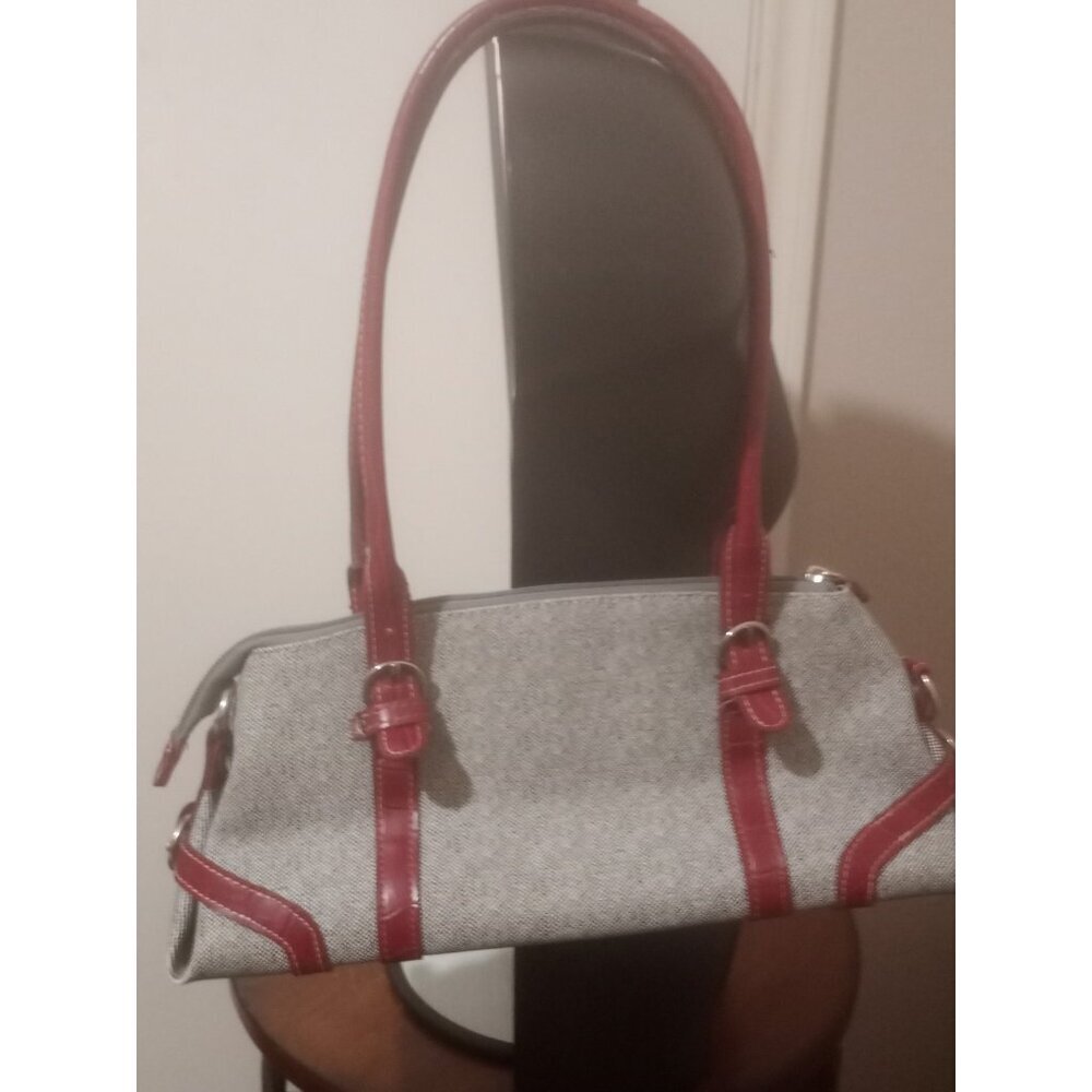 PRADA MILANO Gray Red Leather-Canvas Shoulder Bag Purse - Picture 8 of 13